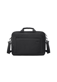 Schwarze Laptoptasche aus robustem Stoff, mit rechteckiger Form, vorderer Tasche, verstellbarem Schultergurt und zwei Tragegriffen.