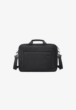 Schwarze Laptoptasche aus robustem Stoff, mit rechteckiger Form, vorderer Tasche, verstellbarem Schultergurt und zwei Tragegriffen.