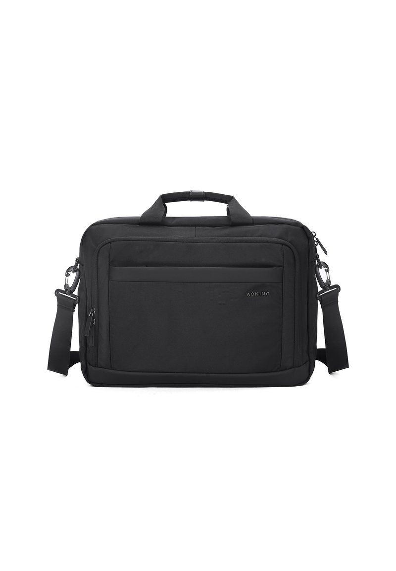 Schwarze Laptoptasche aus robustem Stoff, mit rechteckiger Form, vorderer Tasche, verstellbarem Schultergurt und zwei Tragegriffen.