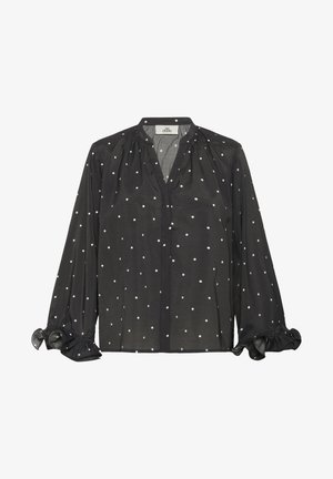 Crna prozirna bluza s bijelim točkicama, V-izrez, dugi rukavi s nabranim manžetama i suptilnim detaljem nabrane tkanine na ramenima.