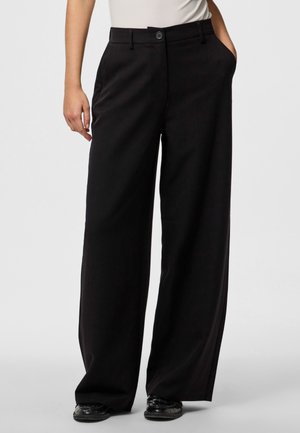 Black wide-leg trousers with a smooth texture, featuring a button closure, side pockets, and a tailored fit. Suitable for various occasions.