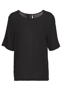 Svart kortärmad blus med rund halsringning och nyckelhål i ryggen. Lättviktsmaterial, slät textur och en lös, avslappnad passform.