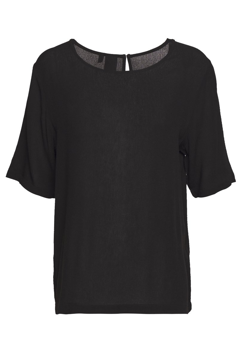 Svart kortärmad blus med rund halsringning och nyckelhål i ryggen. Lättviktsmaterial, slät textur och en lös, avslappnad passform.