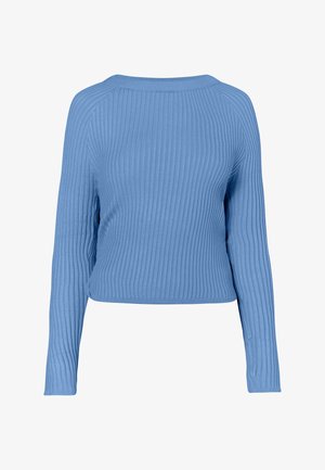 Rippstrick leichtblauer Pullover mit langen Ärmeln und einem runden Ausschnitt; hat ein tailliertes Design und eine weiche Textur.