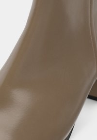 Braune vegane Leder-Ankle-Boots mit glänzender Oberfläche, spitzer Zehenpartie und schmalem Absatz. Glatte Textur mit feinen Nähdetails.