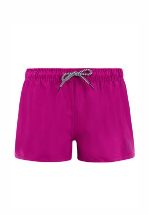 Helle magentafarbene Badeshorts mit elastischem Bund und schwarz-weißem Chevron-Kordelzug, Vorderansicht auf weißem Hintergrund.