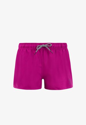 Felmagenta zwemshorts met elastische tailleband en zwart-witte zigzagtrekkoorden, vooraanzicht op witte achtergrond.