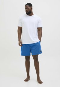 Witte T-shirt met korte mouwen en blauwe zwembroek. Het T-shirt is eenvoudig en heeft een losse pasvorm, de zwembroek is sneldrogend en heeft een elastische tailleband.