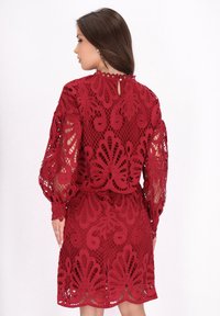 Abito rosso in pizzo con maniche lunghe e gonfie, motivo floreale e sovrapposizione testurizzata. Presenta una schiena a apertura a chiave e un orlo definito.