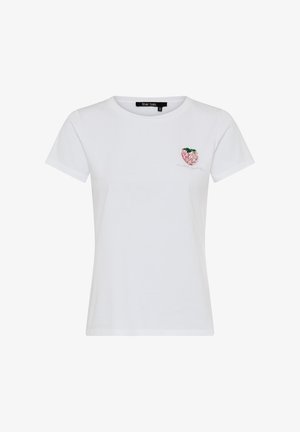 Weißes T-Shirt mit kurzen Ärmeln, kleiner pink bestickter Erdbeere und grünen Blättern auf der linken Brust, Rundhalsausschnitt und Marc Aurel Etikett.