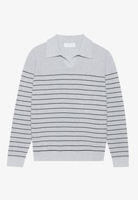 Grauer gestrickter Pullover mit kurzem Kragen. Verfügt über schwarze horizontale Streifen, gerippte Bündchen und Saum. Weicher Stoff mit lockerer Passform.