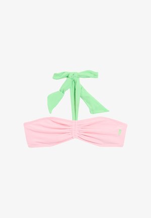 Bandeau-Bikini-Oberteil aus weichem, rosa Stoff, mit einem grünen Band zum Binden. Texturiertes Rüsche entlang der Mitte sorgt für Details.