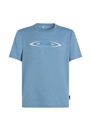 Lichtblauwe katoenen t-shirt met korte mouwen, met een centrale witte ovale graphic met de tekst "O'Neill" en "Surf Shop."