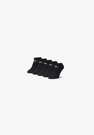Schwarze Baumwollknöchelsocken im Fünferpack. Sie haben eine glatte Textur, ein elastisches Band oben und ein kleines weißes Logo an der Seite.