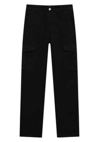 Pantalon cargo noir à jambes droites avec poches à rabat latérales, poches avant, passants de ceinture et fermeture frontale à boutons.