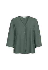Groene V-hals blouse van gladde stof met driekwart mouwen, knoopsluiting aan de voorkant en opgerolde zoomdetails.