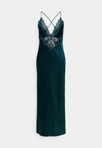 Abito da sera in satin teal con pannello in pizzo, scollo a V e spalline incrociate, lungo fino al pavimento con una silhouette aderente.