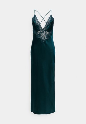 Abito da sera in satin teal con pannello in pizzo, scollo a V e spalline incrociate, lungo fino al pavimento con una silhouette aderente.