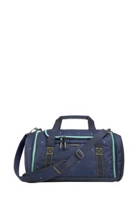Marinefarbener Duffelbag aus strapazierfähigem Stoff, mit Akzentfarben in Türkis und Gelb, doppelten Griffen, verstellbarem Schulterriemen und Reißverschlussfächern.