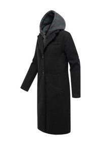 Long manteau noir au design ajusté, doté d'une capuche grise, de deux poches avant et d'une fermeture à bouton unique. Texture de tissu douce.