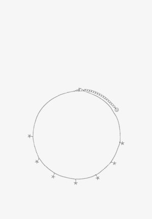 Silberne Kettenhalskette mit kleinen Sternanhängern, die gleichmäßig entlang der Kette verteilt sind, mit einem Karabinerverschluss und verstellbarer Kettenlänge.