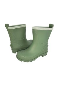 Bottes de pluie en caoutchouc vert avec une surface texturée, un bout rond et une courte manche côtelée. Comprend une languette à l'arrière pour un enfilage facile.