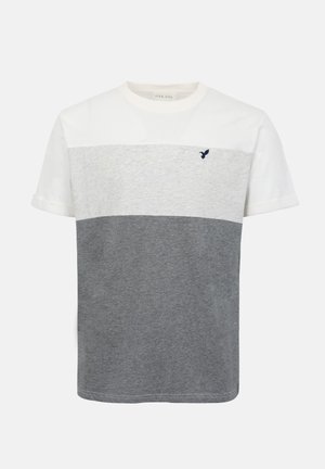 T-shirt à manches courtes et col rond avec des blocs de couleur horizontaux blanc, gris clair et gris foncé, et un petit logo sombre sur la poitrine.