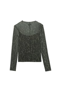 Long-sleeve mesh top in dark green with a subtle leopard print pattern. Features a round neckline and a straight cut. Clean back design.