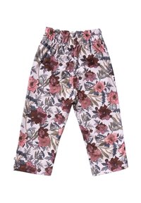 Kids' elastic waist pants with pink, brown, and purple floral pattern on a white background.