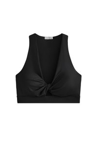 Top sport negru cu un decolteu adânc, fără mâneci, și detaliu de nod răsucit în față. Fabricat dintr-un material neted și elastic.