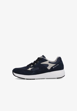 Navy blue athletic shoes featuring a mix of suede and mesh materials, a white sole, and a contrasting light grey accent. Black laces included.