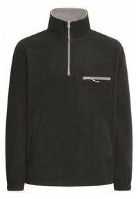 Black fleece quarter-zip pullover with high collar, gray inner lining, front zip pocket, and elastic cuffs. Soft texture, casual design.