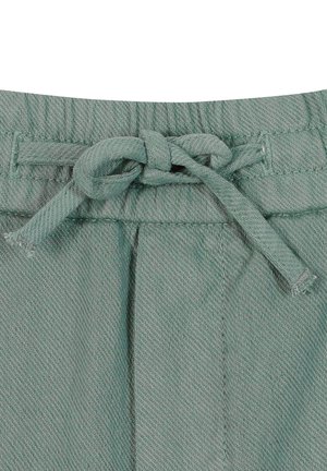 Cotton blend trousers in a soft green hue with a drawstring waist, featuring pleats and subtle texture for comfort and style.