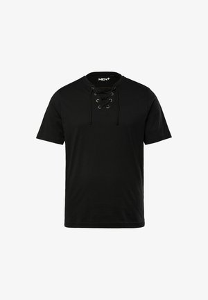 Zwarte korte mouwen t-shirt van katoen, met een vetersluiting bij de halslijn met zilveren oogjes. Gladde textuur en casual ontwerp.