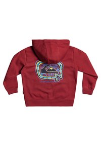 Haut à capuche en coton rouge, avec une capuche, présentant un motif coloré au dos. Poignets et ourlet côtelés, avec une finition texturée.