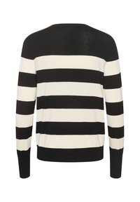Black and white striped sweater, made of a soft knit material, featuring long sleeves and a round neckline with ribbed cuffs.