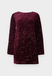 Rochie din catifea burgundy cu mâneci lungi, acoperită cu paiete strălucitoare, având un guler rotund și o croială lejeră.