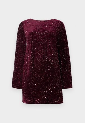 Abito di velluto bordeaux con maniche lunghe, ricoperto di paillettes scintillanti, con scollatura rotonda e vestibilità morbida.