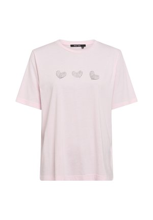 Light pink short-sleeve T-shirt with three small gray hearts printed horizontally across the chest, round neckline, and relaxed fit.