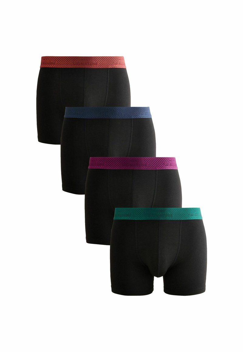 Boxeri negri expuși într-un rând, având brâuri elastice colorate în roșu, albastru, mov și verde. Textură netedă, design simplu.