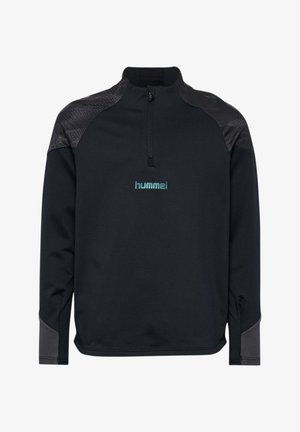 Schwarzes Sportoberteil mit langen Ärmeln, Vorderreißverschluss bis zur Brust, strukturierten dunklen Schultern und hellblauem "hummel" Logo auf der Brust.