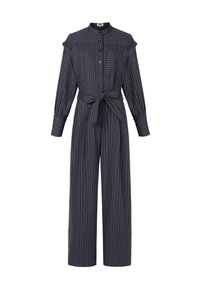 Combinaison gris foncé avec des fines rayures verticales, manches longues, devant à boutons, col, poche avant et détail de taille nouée.