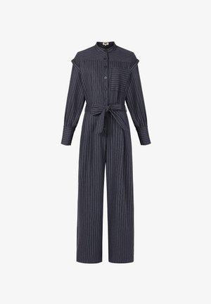 Donkergrijze jumpsuit met dunne verticale strepen, lange mouwen, een knoopsluiting aan de voorkant, kraag, een borstzak en een strikdetail bij de taille.