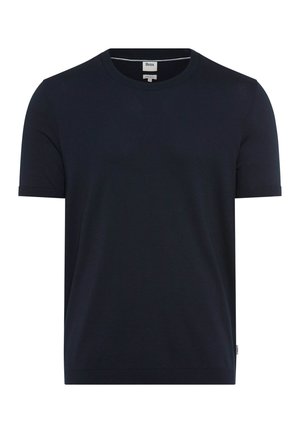 Maglietta blu navy a maniche corte con girocollo, collo, polsini e orlo a coste, etichettata Brax, tessuto a maglia semplice.