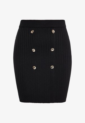 Schwarzer gerippter Rock mit taillierter Passform, der an der Vorderseite sechs runde metallische Knöpfe als Akzente aufweist, in mittellanger Länge bis zur Oberschenkelmitte.