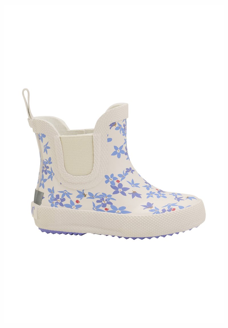 Botte blanche imperméable avec motif floral bleu, semelle en caoutchouc texturée, panneaux latéraux élastiques et une languette pour un enfilage facile.