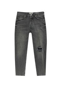 Vaqueros skinny rasgados negros con un lavado descolorido. Presentan un cierre de botón, diseño de cinco bolsillos y detalles deshilachados en la rodilla.