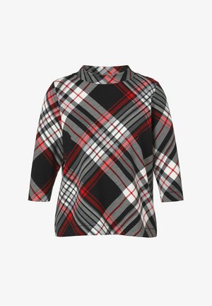 Zwart, rood, wit en grijs geruit bovenstuk met een ronde halslijn en driekwart mouwen. Gemaakt van een zachte stretchstof met een ontspannen pasvorm.
