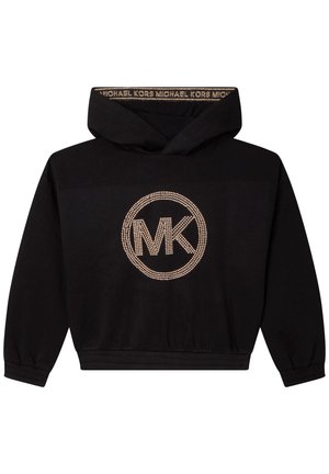 Un hoodie court noir avec un logo "MK" en strass dorés dans un design circulaire. Il dispose d'une capuche et de poignets élastiques au niveau des poignets.