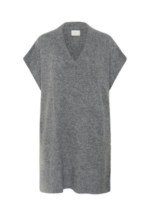 Pull-over en tricot gris avec un col en V et des manches courtes. Texture douce et coupe ample. Présente un ourlet arrière légèrement plus long et un design minimaliste.